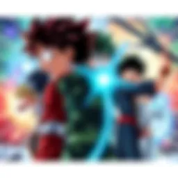 A group of My Hero Academia characters in action poses, looking determined and heroic, set against a dynamic background that reflects their superpowers.