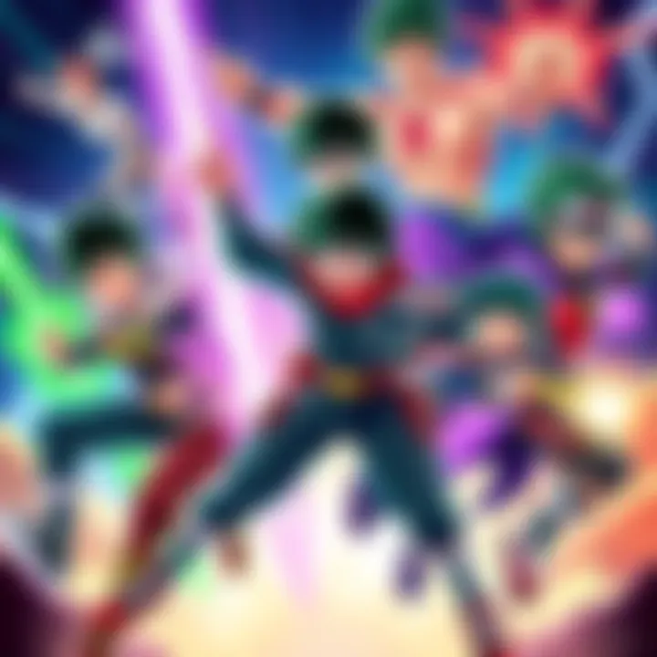 My Hero Academia Characters Main characters of My Hero Academia in action poses, showcasing their unique powers and costumes.