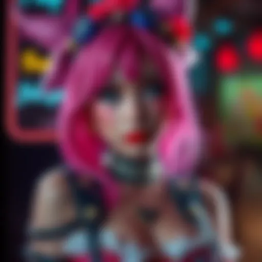 A person dressed as My Lust with detailed costume and makeup, showcasing character features and vibrant colors.