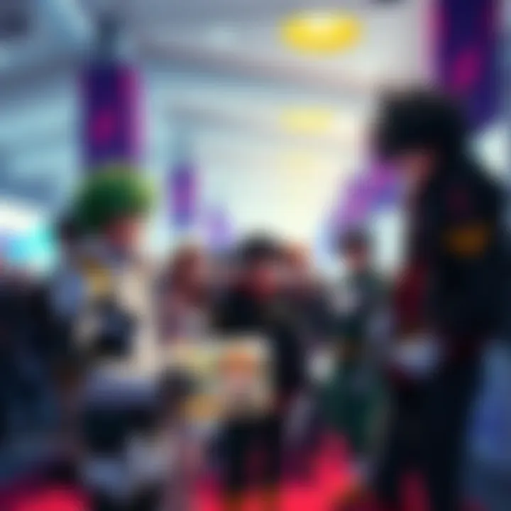 A group of fans in My Hero Academia costumes discussing trends and sharing artwork at a convention