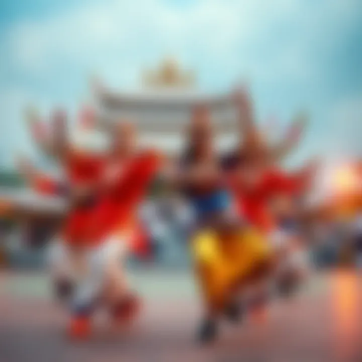Dancers performing the Myouren Temple gang dance, showcasing the Murasa hand movement with vibrant energy and traditional attire.