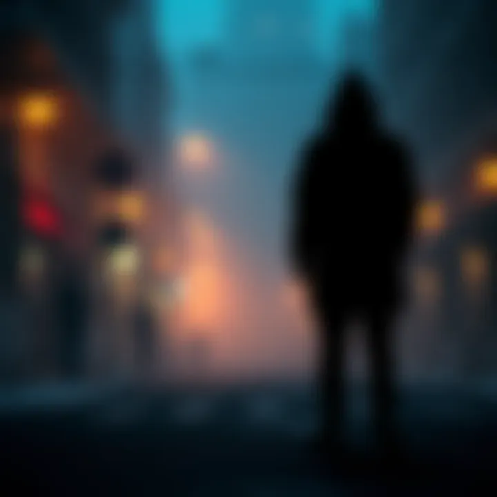 A shadowy silhouette of a person standing in a foggy street, intriguing onlookers with a hint of mystery.