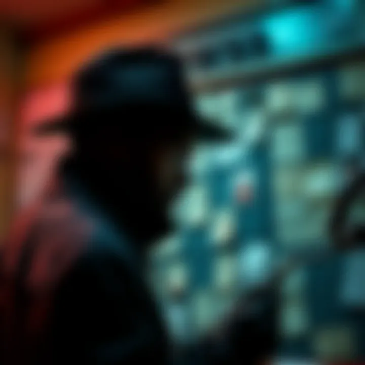 A detective looking at a board filled with clues and notes about unexplored cases from a mystery series.