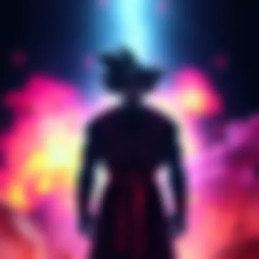 A shadowy figure resembling a character from Dragon Ball Z, standing against a colorful background, evoking curiosity.