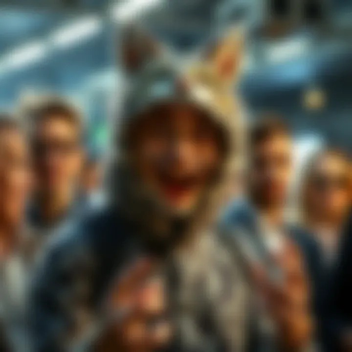 A person dressed in a cat costume with a playful expression, surrounded by curious people discussing him.