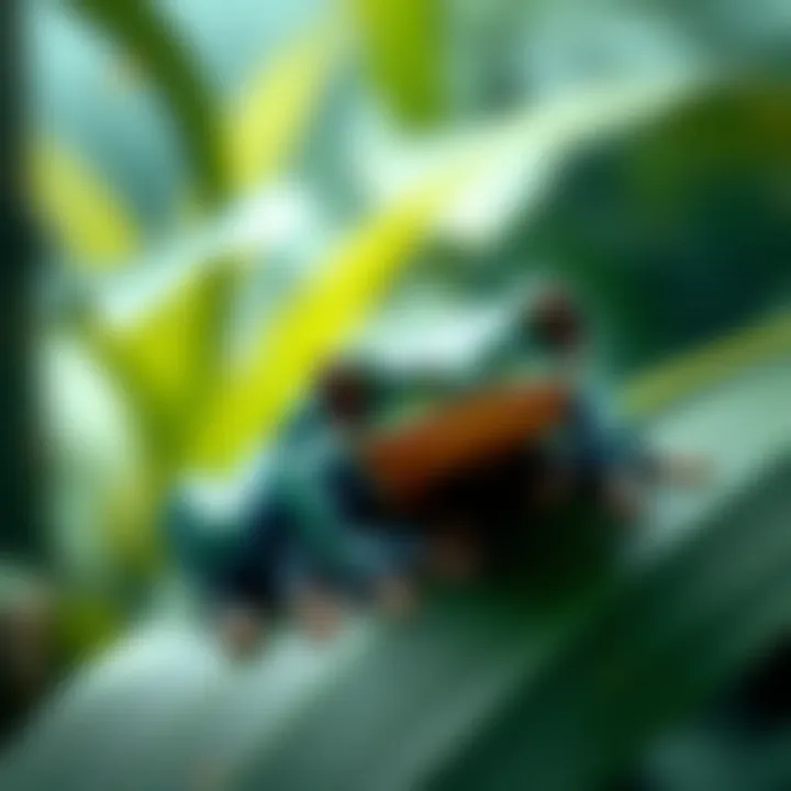 A close-up of a unique frog resting on a leaf in a lush green rainforest, showcasing its distinct colors and patterns.