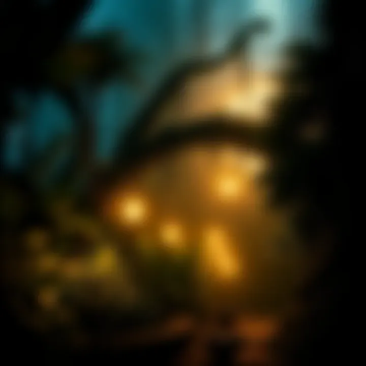 Mysterious Garden A dark and lush garden filled with shadowy plants and glowing lights, creating a sense of intrigue.