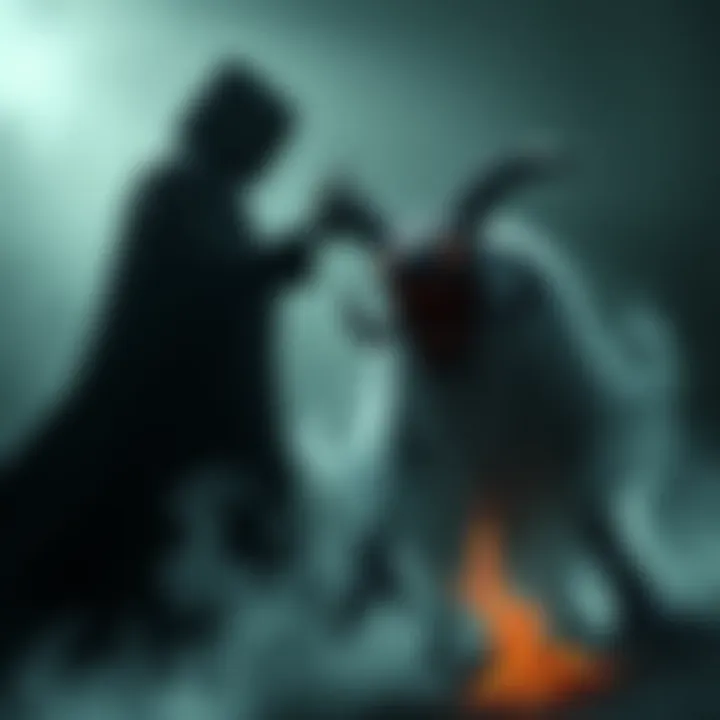 A dark figure stands over a frightened witness while a ghostly beast surrounds them, representing memory manipulation and fear.