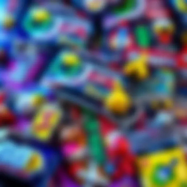 A variety of mystery packs containing key chains, pins, and figures displayed together.