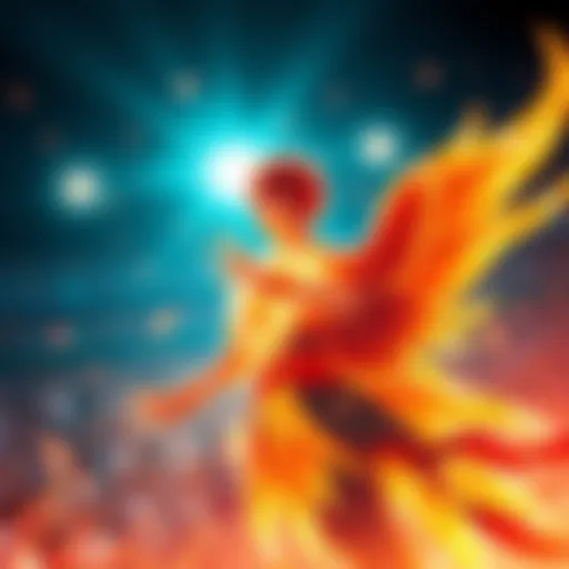Mystic Haruo in his Phoenix form, glowing with energy, ready for action. Fans cheer in the background expressing their excitement.