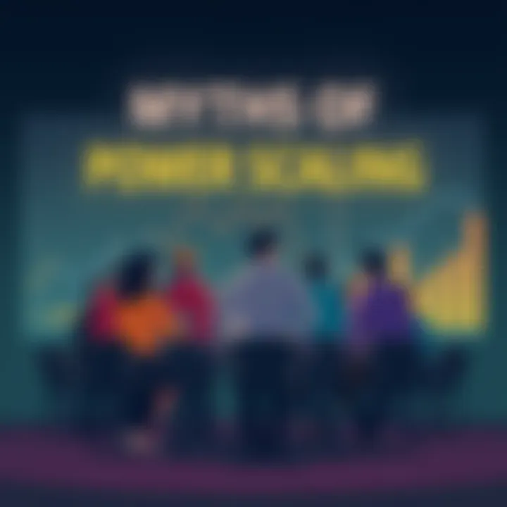Illustration showing a group of people debating over power scaling concepts with charts and graphs in the background.