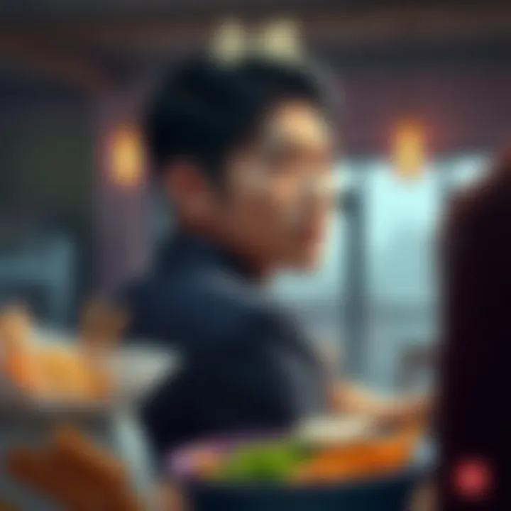 A scene depicting Na Ki looking back with a thoughtful expression, highlighting emotions related to departure, surrounded by food items, symbolizing the key story shared by Shin.