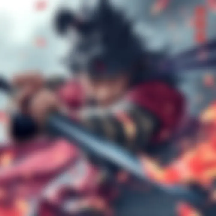 Nagaharu Ogasawara showcasing his weapon mastery and fighting spirit, preparing for battle with intense focus.
