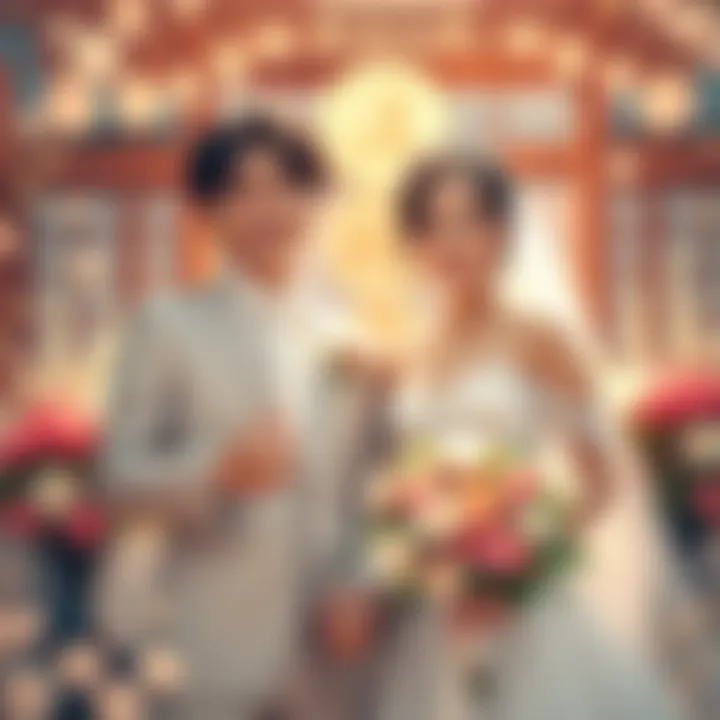 Nagaoka Taichi and Kaya Tetsuyama standing together smiling on their wedding day, surrounded by flowers, wearing wedding attire