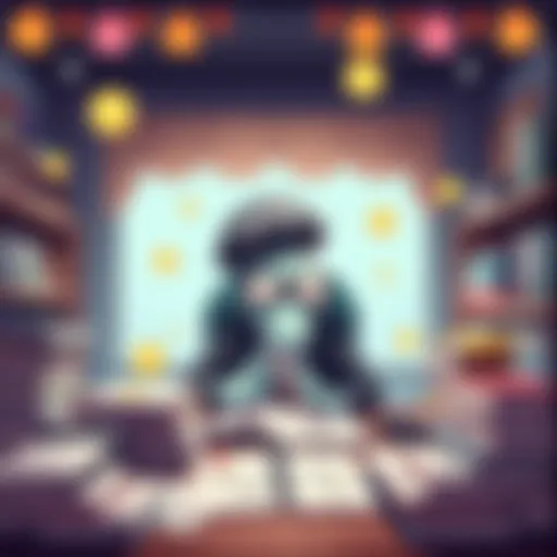 A cartoon character, the Nail Fiend, with colorful nails, sitting at a desk surrounded by sketchbooks, dreaming of opening a nail salon, with humorous expressions and creative ideas floating around.