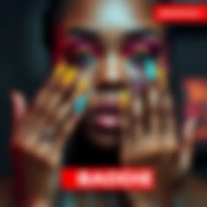 A bold individual showcasing unique nail designs with vibrant colors and intricate patterns.