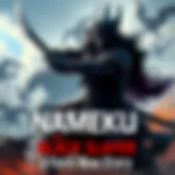 Nameku, a fierce warrior in dark armor, wields a sword as they fight against shadowy enemies in a dramatic landscape.