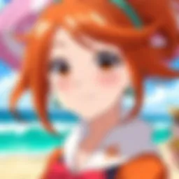 A close-up of Nami, a character from anime, showing her bright smile and orange hair, dressed in her signature outfit while standing on a sunny beach, symbolizing her adventurous spirit.