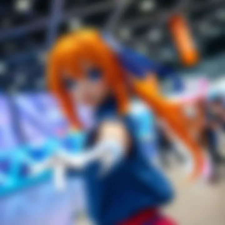 A fan dressed as Nami, showcasing bright orange hair and a blue outfit, posing confidently at a cosplay event.