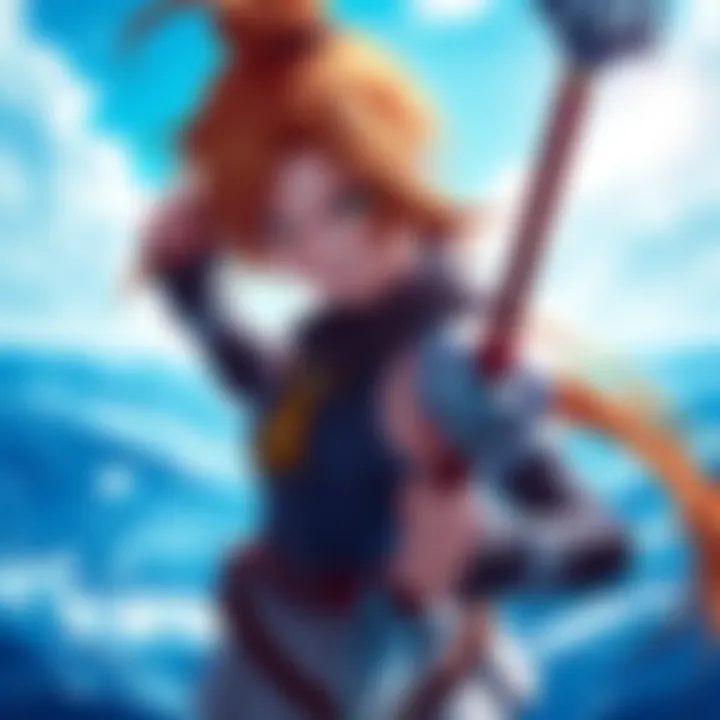 Nami stands confidently with her weapon, showcasing her strength and skills in a vibrant ocean backdrop