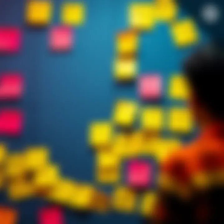 A person brainstorming names with sticky notes on a wall, illustrating the process of naming ideas and concepts.