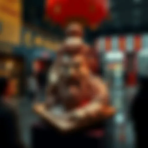 A close-up view of the 'Nan' statue with a focus on its details and textures, displayed on a stand, surrounded by curious people.