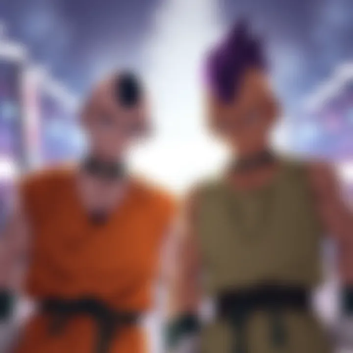 Nappa and Tien stand side by side, prepared to join Goku and Vegeta in combat during the Saiyan Saga.