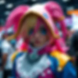 A person in a colorful Narciso Anasui costume showcasing detailed craftsmanship at MCM Comic Con