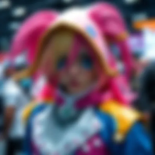 A person in a colorful Narciso Anasui costume showcasing detailed craftsmanship at MCM Comic Con