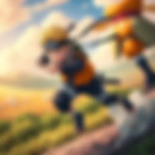 Naruto running with a determined expression, showcasing his ninja skills in a vibrant landscape.