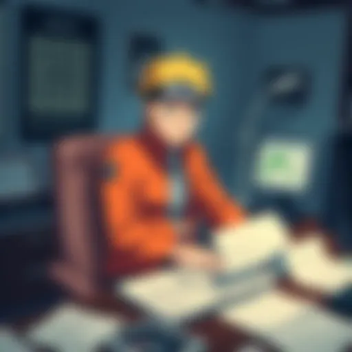 Naruto sitting at his Hokage desk surrounded by paperwork and village maps, looking focused and serious