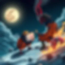 Naruto playfully paints graffiti on the surface of the moon with Kurama, unaware of a Chakra Cannon aimed at it.