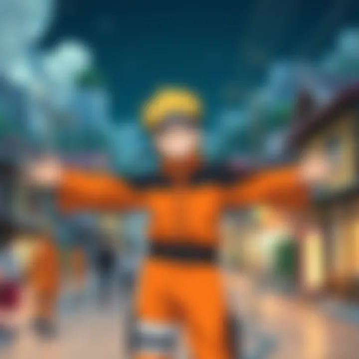 Naruto Uzumaki, a cheerful ninja with spiky blonde hair, wearing an orange jumpsuit, standing in the Hidden Leaf Village, smiling with his arms outstretched, surrounded by friends and buildings typica...