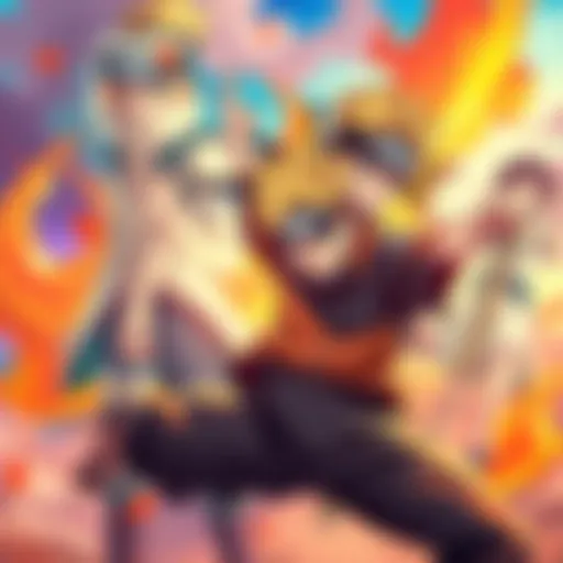 Naruto Uzumaki performing a jutsu with friends in a colorful background