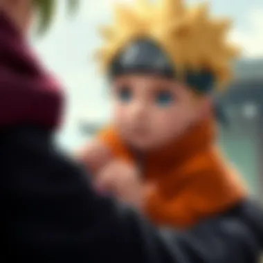 A baby Naruto Uzumaki being held by a caring figure, showcasing his early years after his parents' death.