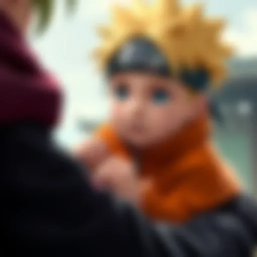 A baby Naruto Uzumaki being held by a caring figure, showcasing his early years after his parents' death.