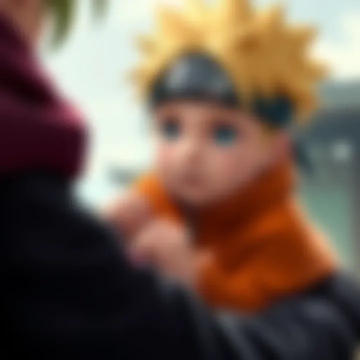 A baby Naruto Uzumaki being held by a caring figure, showcasing his early years after his parents' death.
