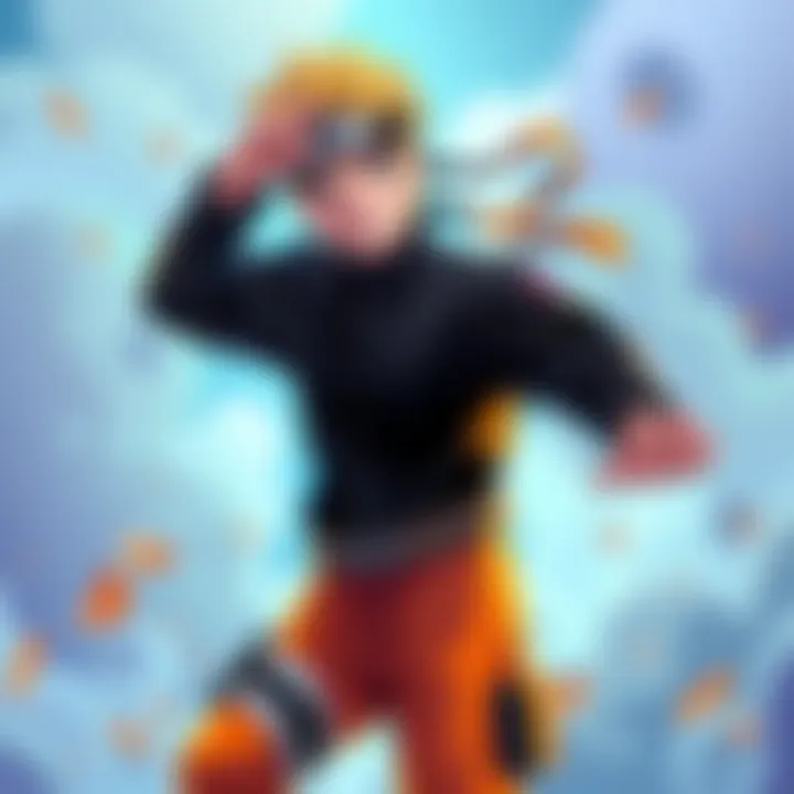 Anime character Naruto showing off his black shirt and orange pants design, with a playful background featuring vibrant colors.