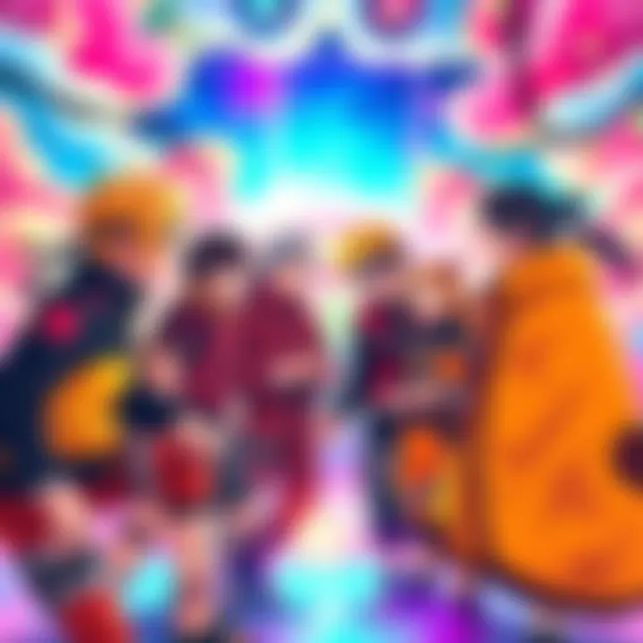 Popular characters from Naruto and Boruto discussing rumors in a colorful setting