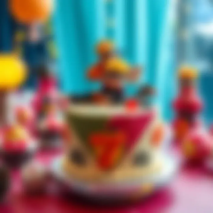 A colorful Naruto-themed cake featuring iconic characters and designs, set on a festive table with decorations.