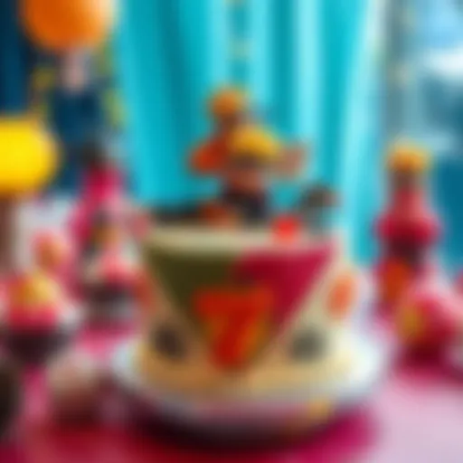Naruto-themed cake A colorful Naruto-themed cake featuring iconic characters and designs, set on a festive table with decorations.