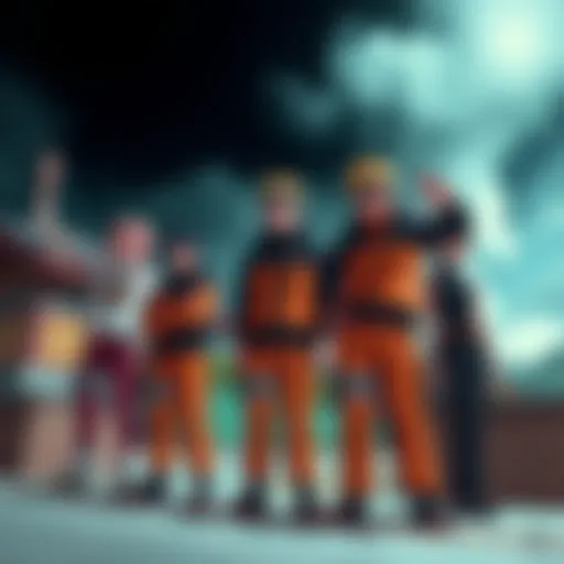 A playful scene featuring popular Naruto characters in exaggerated stances, showcasing their unique personalities and playful expressions, emphasizing a lighthearted tone.