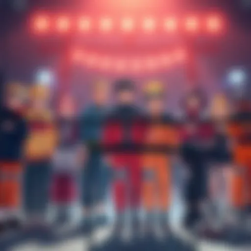 A group of Naruto characters standing together, showcasing their iconic outfits and hairstyles, with a backdrop of a film set. There are cameras and lights indicating a movie scene.