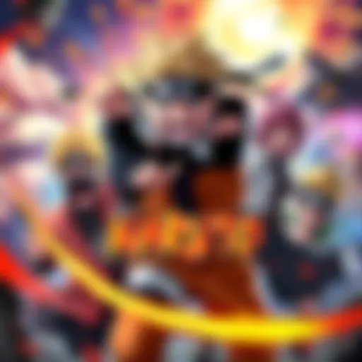 Naruto characters in a dynamic fighting game scene with vibrant backgrounds and action poses