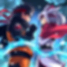 Naruto and Fuuka face each other, ready for an epic battle, each showing their unique powers and determination.