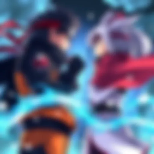 Naruto and Fuuka face each other, ready for an epic battle, each showing their unique powers and determination.