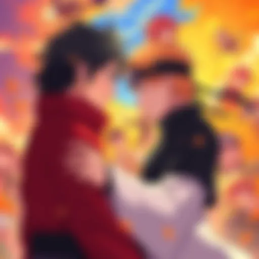 Naruto and Hinata sharing a moment, emphasizing their bond with colorful backgrounds and action scenes in the backdrop.