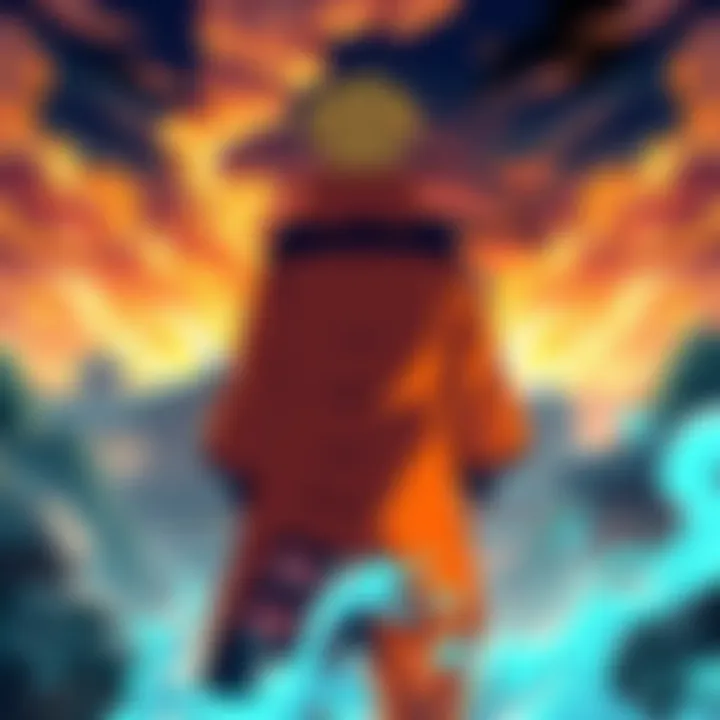 Naruto standing proudly in Hokage attire with the village behind him, reflecting on his journey and responsibilities as a leader.