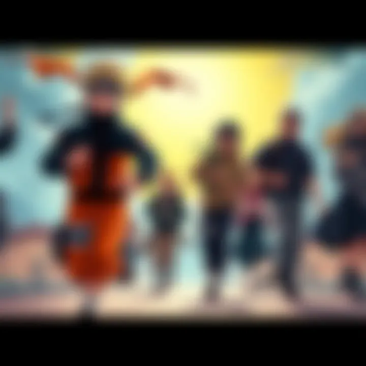 Naruto running confidently with a determined expression, symbolizing resilience and the pursuit of dreams, surrounded by friends