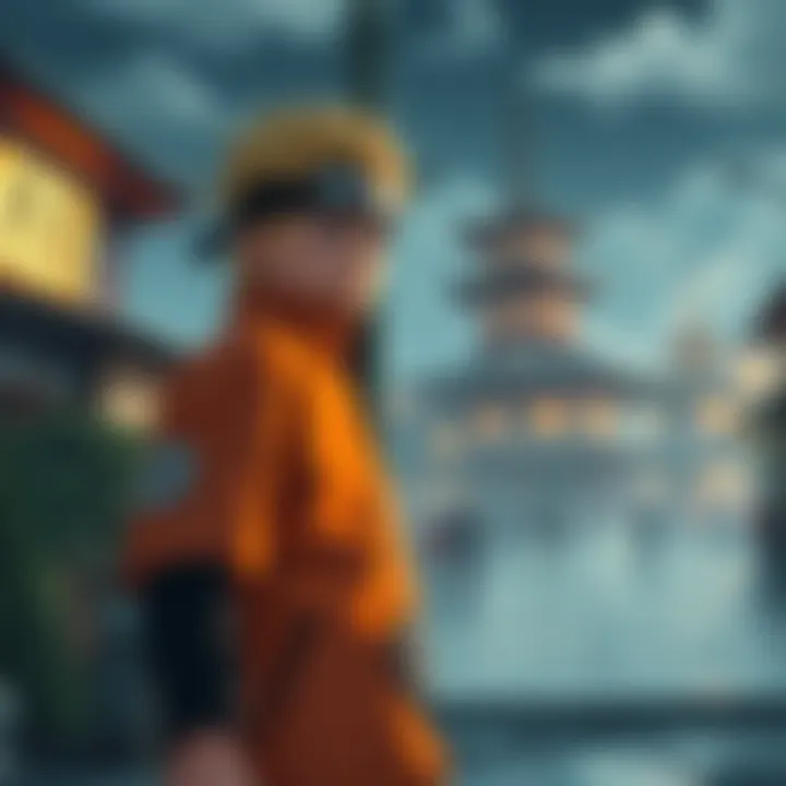 Naruto with a determined look, wearing his signature orange jacket, standing in front of the Hidden Leaf Village, symbolizing his connection to Minato and Kushina.